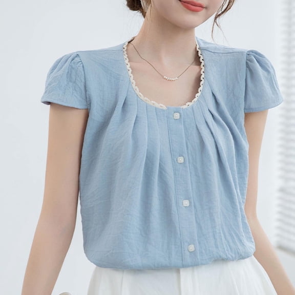 Olyvenn Cap Short Sleeve Shirts Women Button Down Crew Neck Babydoll Tops Summer Flowy Stylish Peplum Blouse Blue L