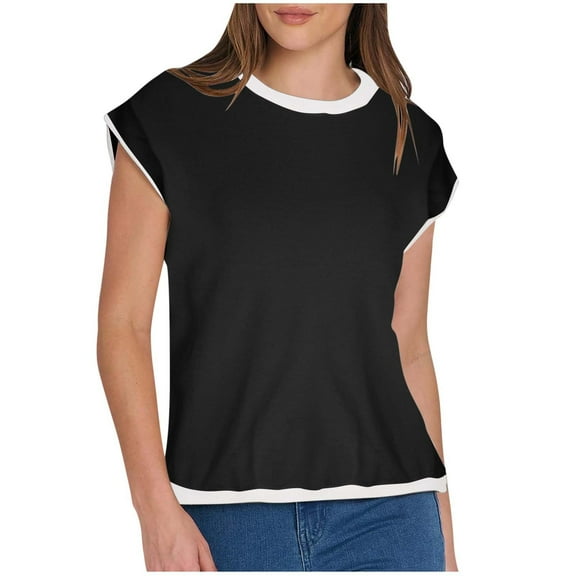 Olyvenn Cap Sleeve Sweater Vest for Women Color Block Casual Crewneck Sleeveless Knitted Loose Pullover Sweaters Tops Black M