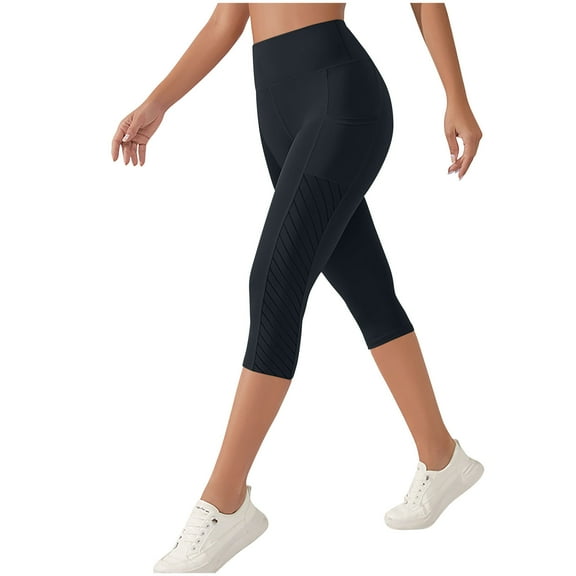 Olyvenn Capri Leggings for Women with Pockets High Waisted Gym Yoga Pants Running Tights Tummy Control Workout Leggings Black L