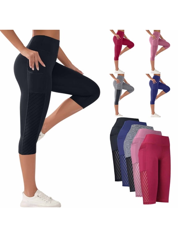 Capri Leggings for Women with Pockets High Waisted Gym Yoga Pants Running Tights Tummy Control Workout Leggings Black M