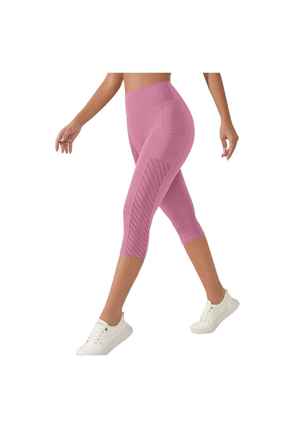 Capri Leggings for Women with Pockets High Waisted Gym Yoga Pants Running Tights Tummy Control Workout Leggings Pink XL