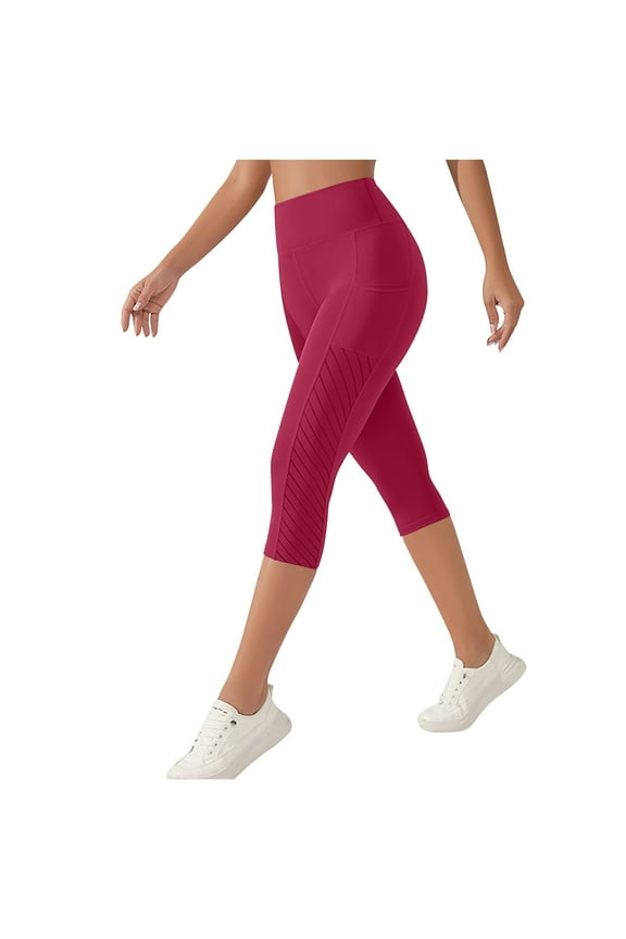 Capri Leggings for Women with Pockets High Waisted Gym Yoga Pants Running Tights Tummy Control Workout Leggings Watermelon Red L