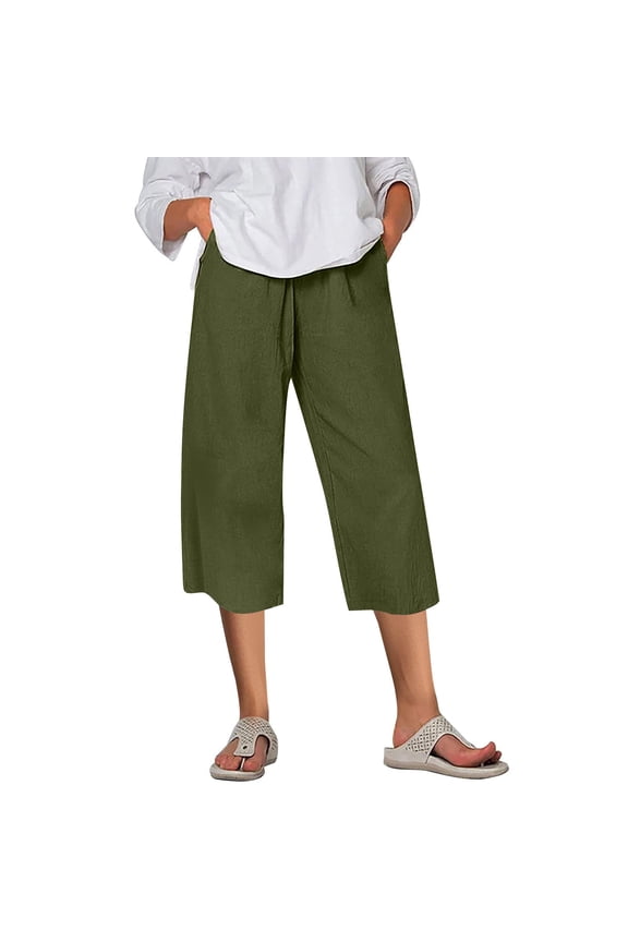 Capri Pants for Women Elastic Waist Loose Comfy Wide Leg Casual Capris 2025 Summer Beach Cropped Trouser Loungewear Green L