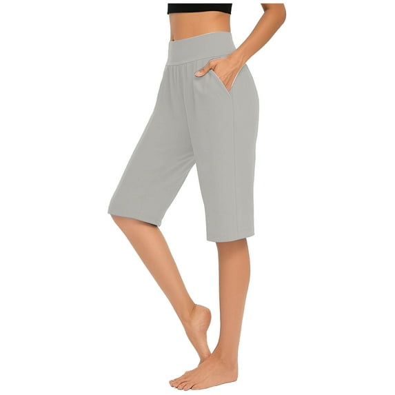 Olyvenn Capri Pants for Women Knee Length Loose Stretch Yoga Capris Casual Elastic Waist Summer Cropped Pants with Pockets Gray XXXL