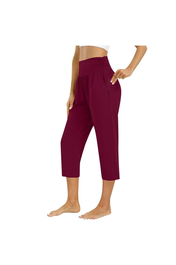 Capri Pants for Women Straight Leg High Waisted Summer Trousers Loose Casual Lounge Crop Pants with Pockets Wine S