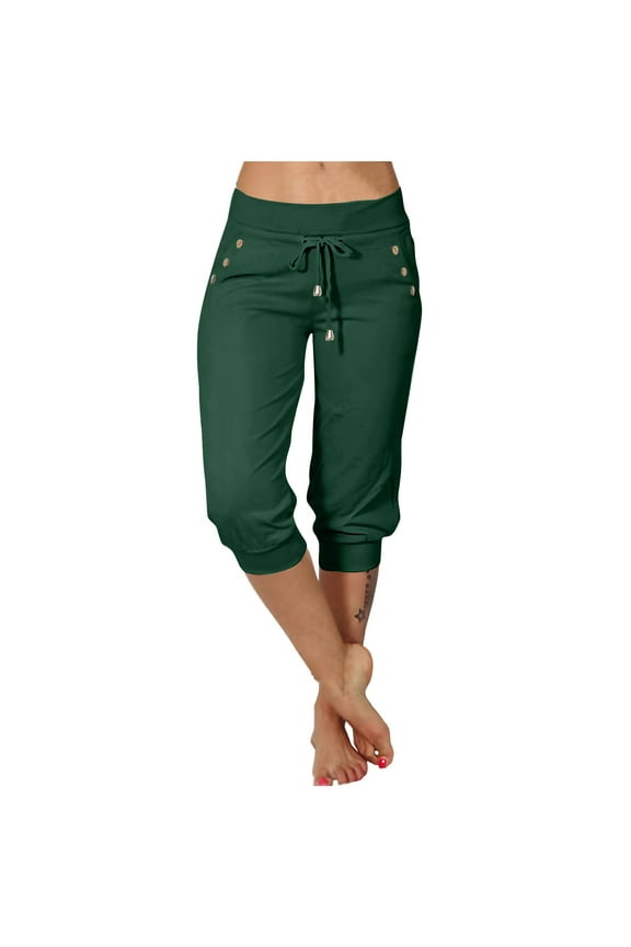 Capri Pants for Women Stretch High Waisted Yoga Pants Casual Summer Drawstring Capris Buttons Cropped Trousers with Pockets Army Green XXXL