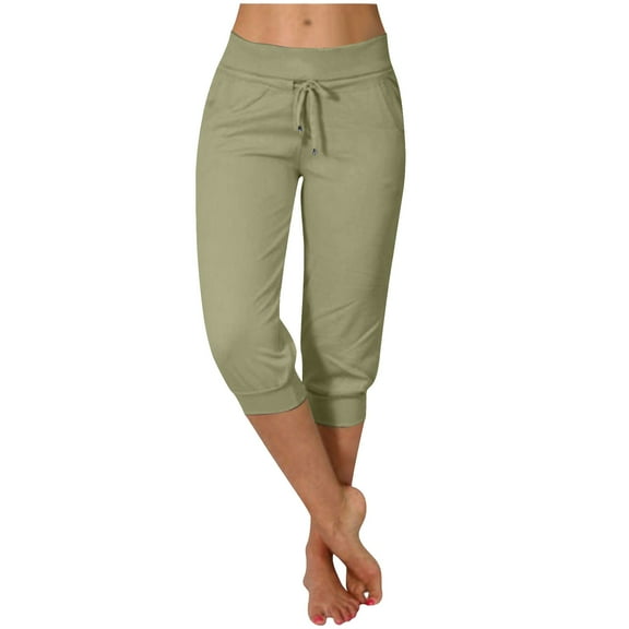 Olyvenn Capri Pants for Women Stretch High Waisted Yoga Pants Casual Summer Drawstring Capris Buttons Cropped Trousers with Pockets Green L