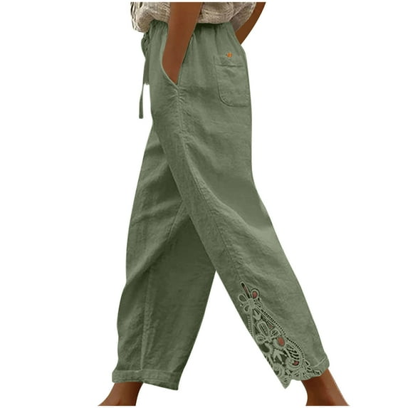 Olyvenn Capris Pants for Women High Waisted Cotton Linen Pants Casual Summer Lace Button Straight Leg Pants 2025 Army Green XL