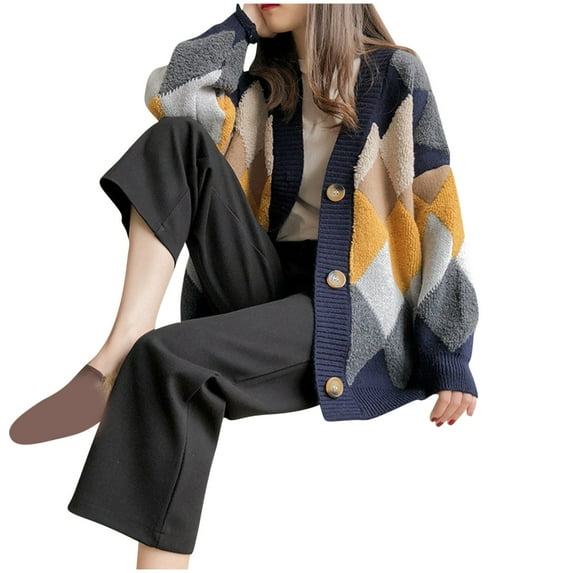 Olyvenn Cardigan Sweater Women Retro French Argyle Knit Cardigan Women's Mid-Length Cardigans Jacket Coat Vintage Plaid Print Knitted Cardigans Navy Free Size