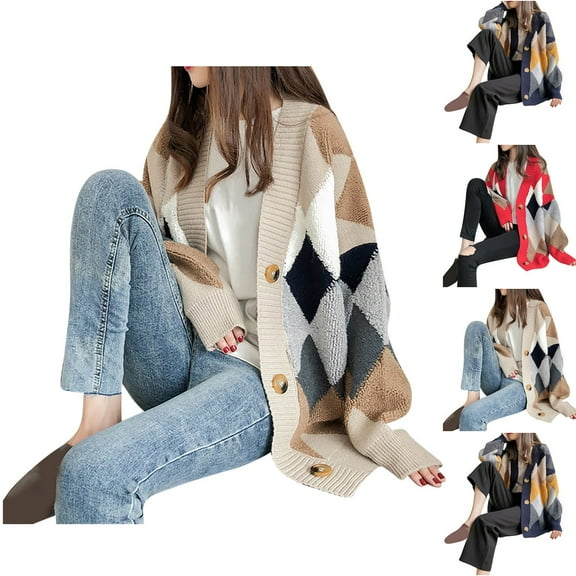 Olyvenn Cardigan Sweater Women Retro French Argyle Knit Cardigan Women's Mid-Length Cardigans Jacket Coat Vintage Plaid Print Knitted Cardigans Red Free Size