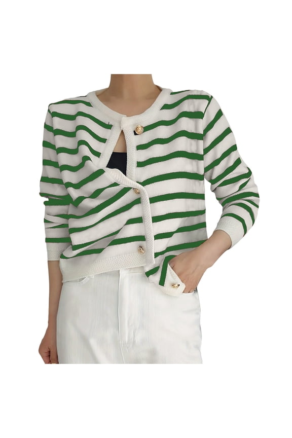 Cardigans for Women Trendy Stripe Knit Sweater Open Front Button Down Coats Long Sleeve Crewneck Knitwear Outwear Green S