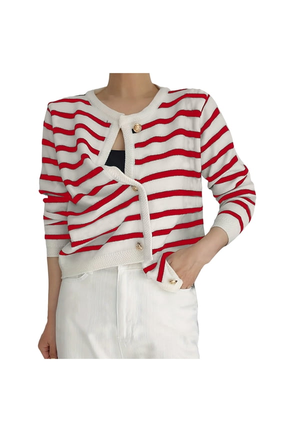 Cardigans for Women Trendy Stripe Knit Sweater Open Front Button Down Coats Long Sleeve Crewneck Knitwear Outwear Red M