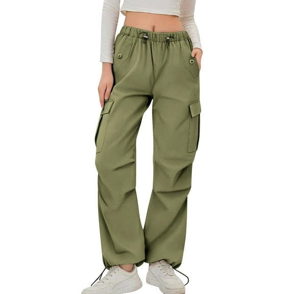Olyvenn Cargo Pants Women Elastic Waisted Parachute Hiking Pants with Pockets Water-Resistant Lightweight Baggy Pants Army Green L