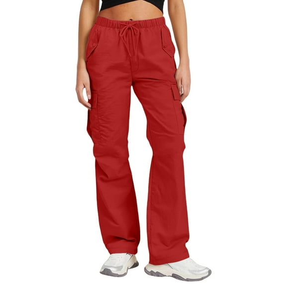 Olyvenn Cargo Pants Women Lightweight Waterproof High Waisted Hiking Pants with Pockets Straight Leg Parachute Pant Red S