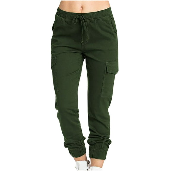 Olyvenn Solid Elastic Waist Pocket Pants Women's Plus Skinny Slim Fit Female Casual Leisure Waist Fashion Women Drawstring for 2023 Women Tops Army Green 4