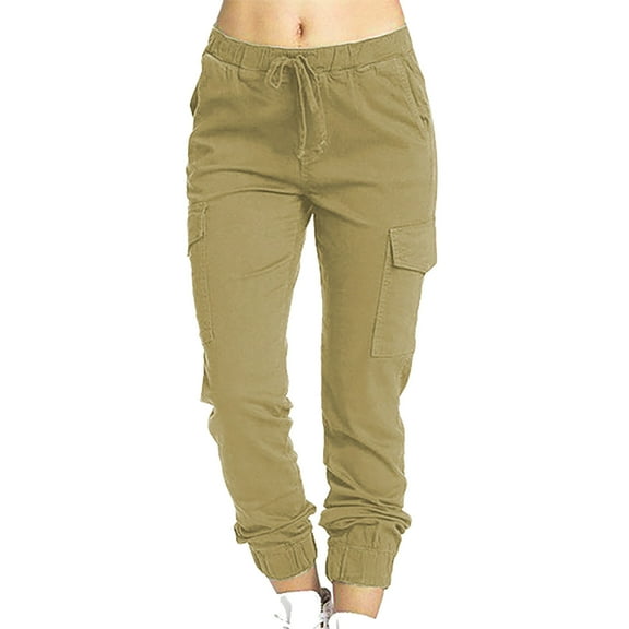 Olyvenn Cargo Pants Women's Plus Skinny Slim Fit Female Casual Outwear Fashion Women Drawstring Solid Elastic Waist Pocket for 2022 Women Tops Khaki M