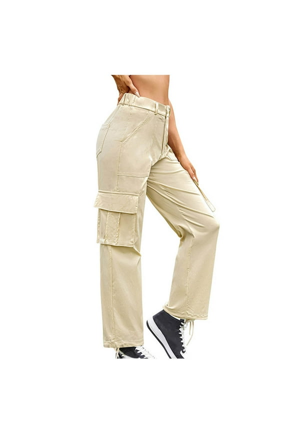 Cargo Pants for Women Athletic High Waist Wide Leg Work Pants Lounge Trousers Baggy Workout Twill Pants with Pockets Beige 8