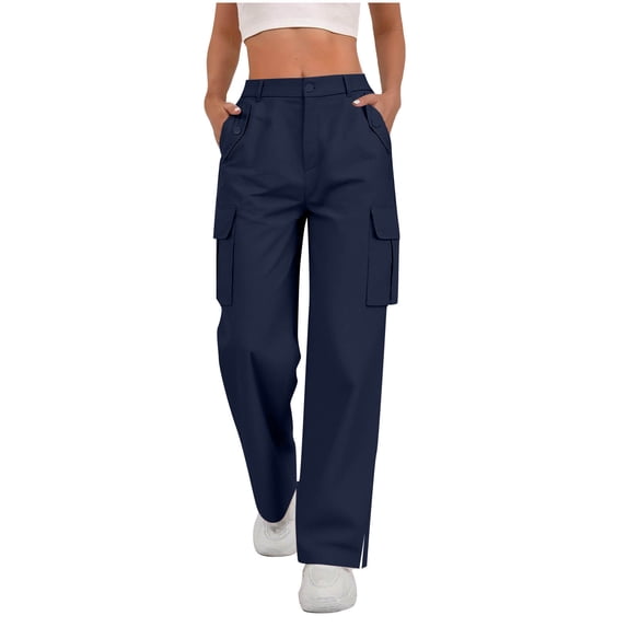 Olyvenn Cargo Pants for Women Elastic Waist Button Jogger Hiking Pant Solid Color Workout Athletic Trousers with Pockets Navy L