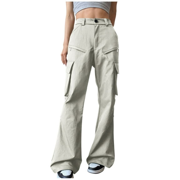 Olyvenn Cargo Pants for Women High Waist Flared Legging Wide Leg Casual Pants with Pockets Y2K Solid Color Bootcut Trousers Beige XL