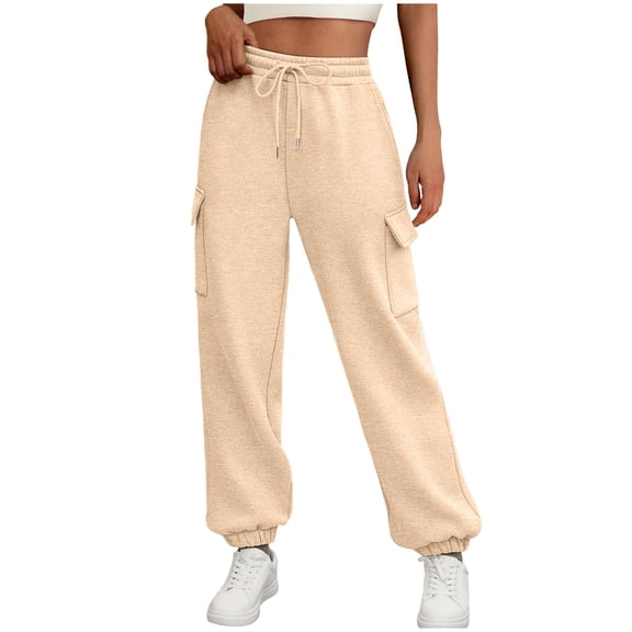 Olyvenn Cargo Sweatpants for Women High Waisted Baggy Casual Sweatpants Drawstring Athletic Joggers Lounge Pants with Pockets Beige XXXL