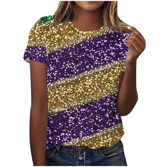 Olyvenn Carnival Short Sleeve Round Neck Blouses & Shirts Casual Pullover Printed Top Loose T-Shirt Lightweight Breathable Women Fashion Daily Wear Purple L