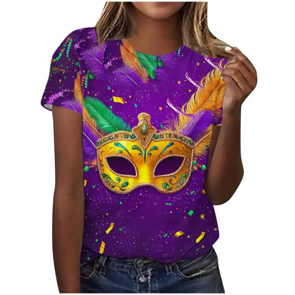Olyvenn Carnival Short Sleeve Round Neck Blouses & Shirts Ladies Casual Pullover Printed Top Lightweight Soft Breathable Fabric Daily Casual Fashion Wear Purple S