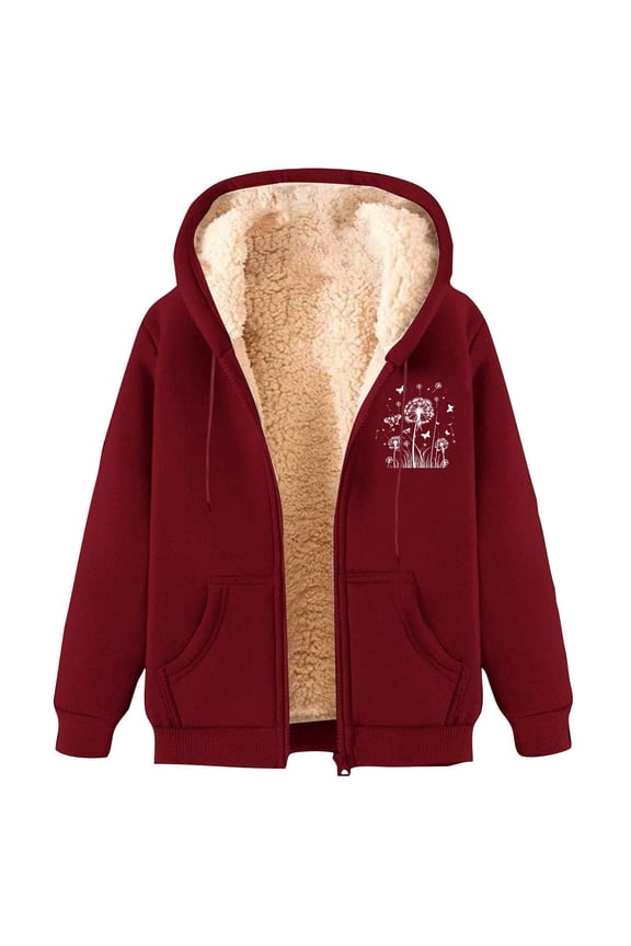 Casual Fashionable Printed Wool Hooded Jacket Lightweight Soft Comfortable Velvet Zipper Winter Spring Outerwear Leisure Party Holiday Enjoyment Wine M