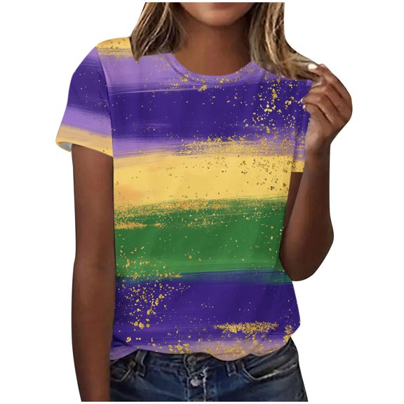 Olyvenn Casual Pullover Top Short Sleeve Round Neck Ladies Printed T-Shirt Loose Fit Soft Breathable Daily Wear Fashion for Women Purple L