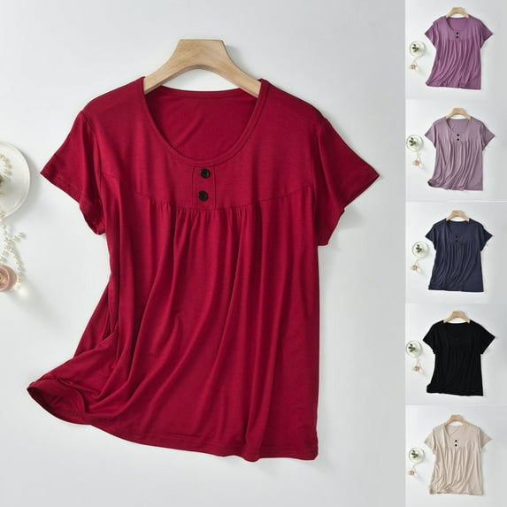 Olyvenn Casual Shirts for Women Button Pleated Crewneck Blouses Short Sleeve Summer Soft Shirt Basic Tops Plain Pullover Tees Beige XL