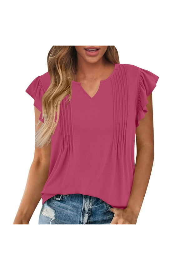 Casual Summer Tops for Women 2025 Ruffle Short Sleeve Shirts V Neck Pleated Knit Loose Spring Blouses Hot Pink XL