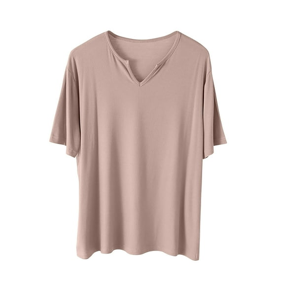 Olyvenn Casual T-Shirt for Women Solid Color Soft Athletic Blouse V-Neck Short Sleeves Shirts 2025 Summer Vacation Tee Tops Khaki 12