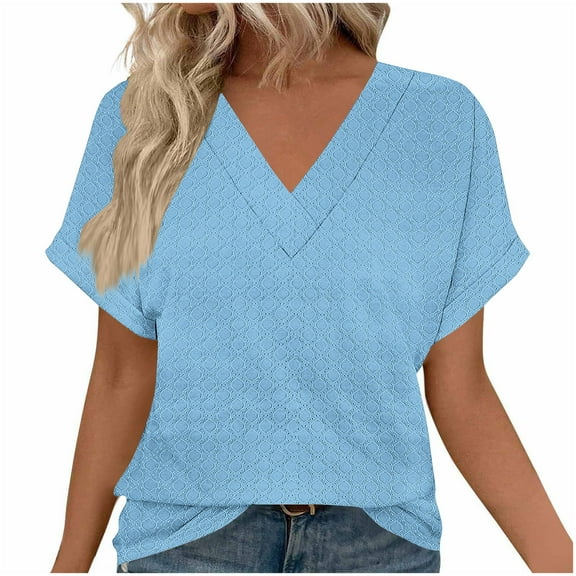 Olyvenn Causal Tshirt Shirts for Women Trendy Eyelet V-Neck Short Sleeve Blouses Dressy Casual Ladies Summer Tops Blue XXL