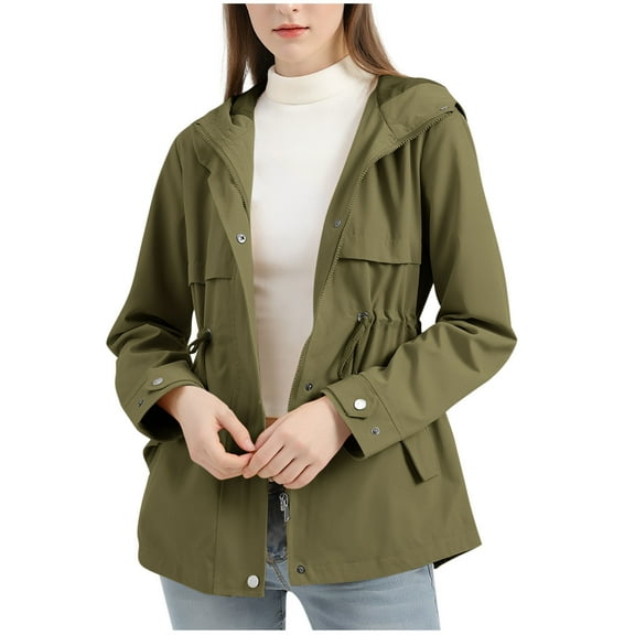 Olyvenn Classic Windbreakers Women's Long Sleeve Hooded Casual Windbreaker Jacket Button Zipper Closure Waist Drawstring Coats Army Green S