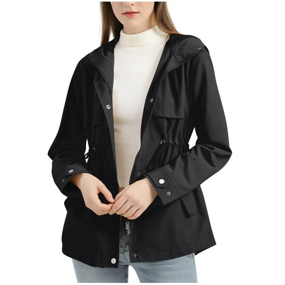 Olyvenn Classic Windbreakers Women's Long Sleeve Hooded Casual Windbreaker Jacket Button Zipper Closure Waist Drawstring Coats Black L