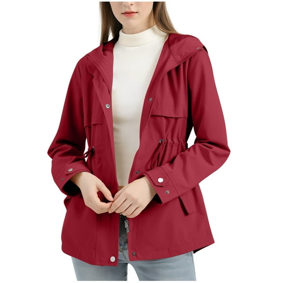 Olyvenn Classic Windbreakers Women's Long Sleeve Hooded Casual Windbreaker Jacket Button Zipper Closure Waist Drawstring Coats Wine L