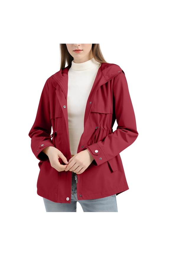 Classic Windbreakers Women's Long Sleeve Hooded Casual Windbreaker Jacket Button Zipper Closure Waist Drawstring Coats Wine L