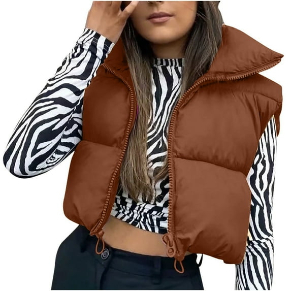 Olyvenn Trendy Women's Winter Vest Stand Collar Sleeveless Solid Color Down Vest Short Puffer Jacket Coat Vest Short Puffer Jacket for Women Trendy Brown 6