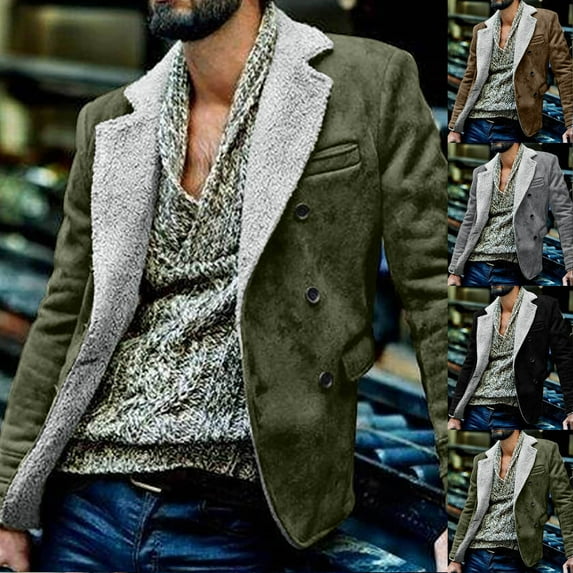 Olyvenn Trendy Men Casual Keep Warm Thicken Long Sleeve Turndown Button Jacket Patchwork Winter Warm Long Sleeve Hoodless Casual Outwear Jackets Outwear Padded Fleece Overcoat Green 4