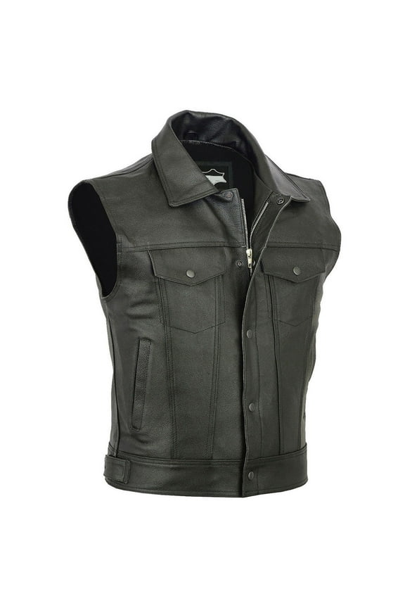 Trendy Men's Black Genuine Leather Vest Cowboy Biker Sleeveless Waistcoat Outerwear with Concealed Snap Black 8