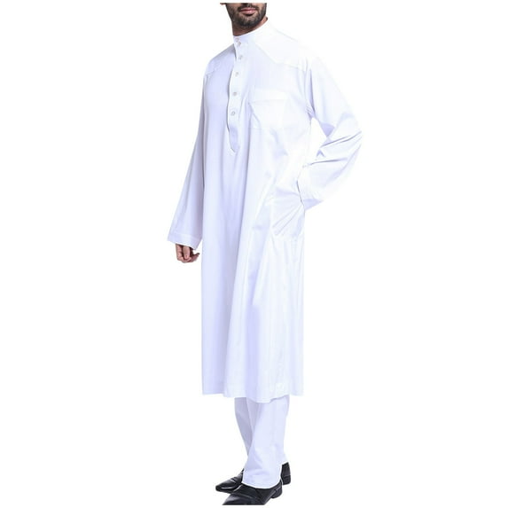 Olyvenn Trendy Men's Solid Color Thobe Long Sleeve Loose Fit Kaftan Jubba Islamic Clothing Muslim Long Dress White 14