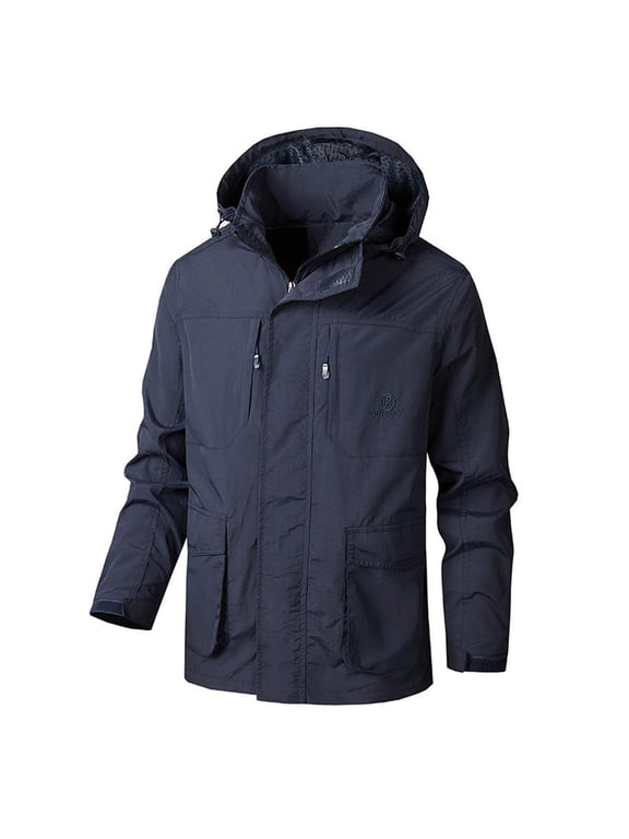 Trendy Men's Suit Hooded Coat Youth Outdoor Sports Wear Long Men's Windbreaker Middle-aged Business Casual Jacket Winter Warm Long Sleeve Hooded Fleece Puffer Padded Overcoat Blue 14