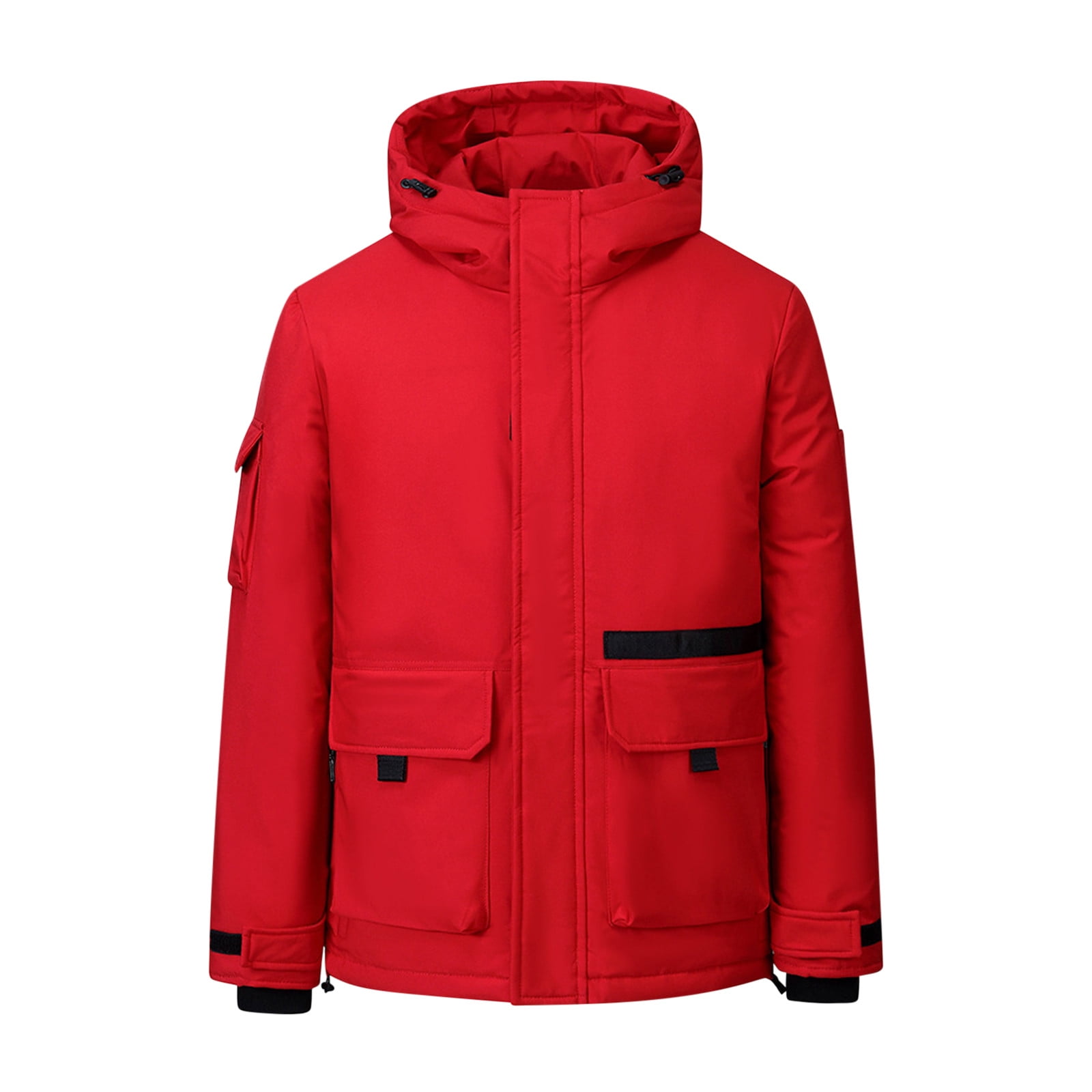 Olyvenn Clearance New Men's Fashion Hooded Down Jacket Outdoor Overalls  With Large Pockets Short Casual Down Jacket For Men And Men Long Sleeve  Hooded Fleece Puffer Padded Overcoat Red 10 