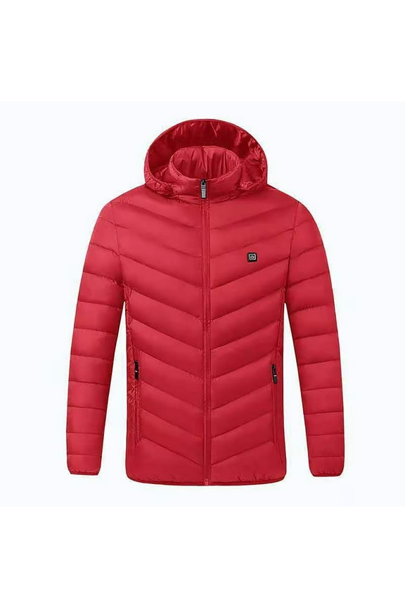Trendy Outdoor Warm Clothing Heated For Riding Skiing Fishing Charging Via Heated Coat Winter Warm Long Sleeve Hooded Fleece Puffer Jacket Thick Cotton Padded Overcoat Red 8