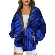 Olyvenn Clearance Teen Girls Plus Long Sleeve Casual Outwear Jackets Comfy Women's Winter Warm and Fleece Heavy Printed Hooded Jacket With Zipper Double Pockets Blue 8