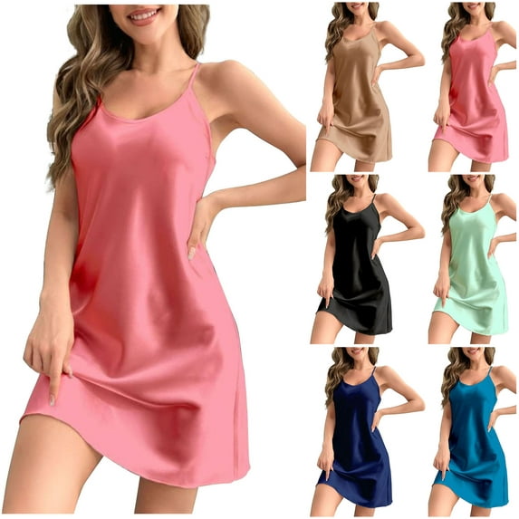 Olyvenn Trendy Tunic Silk Homewear Slip Dress for Women Straps Sleeveless Prom Dress Round Neck Bodice Dress Elegant Solid Sundress Loose Fit Flowy Comfy Nightgown Smocked Black 4