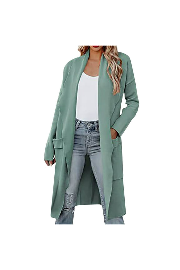 Trendy Women's Long Sleeve Lapel Collar Open Front Drape Pockets Outwear Long Cardigan Blazer Coat Outwear Trench Overcoat Green 4