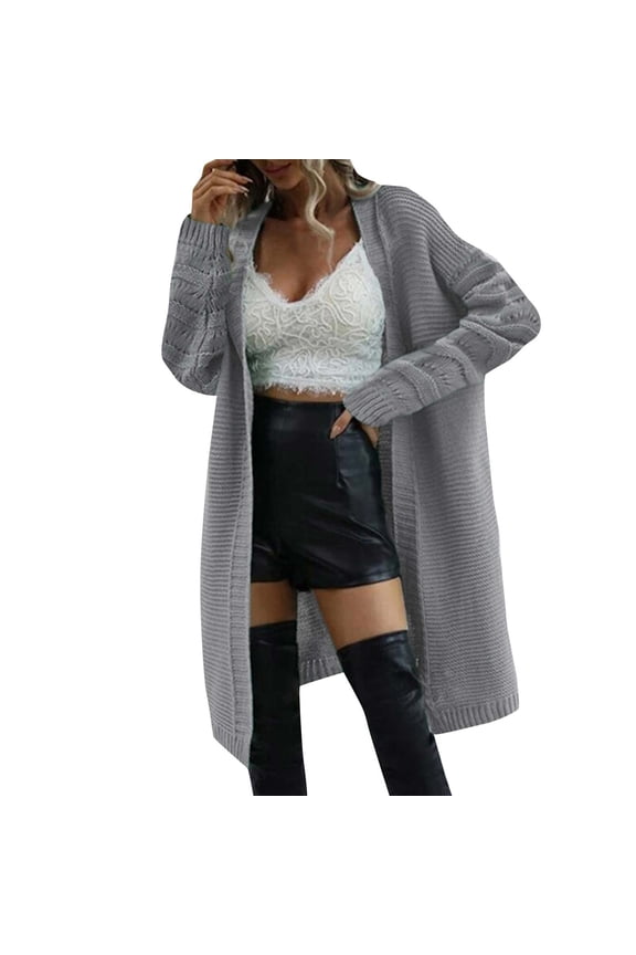 Trendy Women's Long Sleeve Open Front Chunky Knitted Long Cardigan Sweaters with Pockets Outwear Gray 12