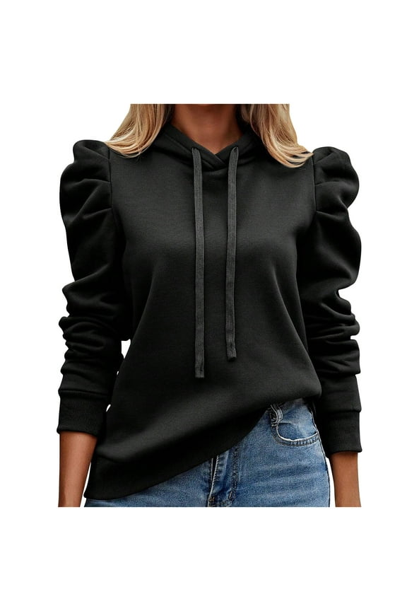 Trendy Women's Solid Color Hooded Sweatshirt Long Sleeve Puff Sleeve Pullover Hoodie Top Blouse Black 4