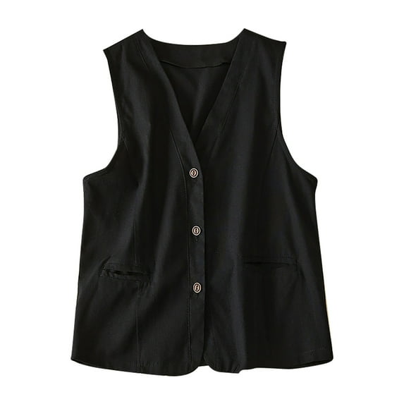 Olyvenn Trendy Women's V-Neck Sleeveless Waistcoat Solid Color Loose Fit Office Work Vest with Pockets Black 10