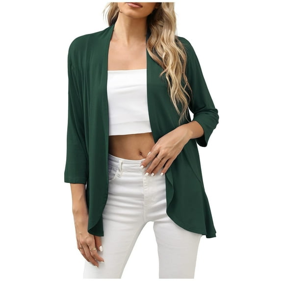 Olyvenn Trendy Womens Cardigan Elegant Solid Color Slim Fit Business Work Office Fashion V Neck Womens Suit Comfy Flowy Kimono Shawl Tops Casual Set 3/4 Sleeve Jackets Green 6